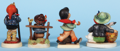 Four Hummel figurines, 5.8" ht., 16, TMK 1 & 1, Little Hiker, excellent repair to top of staff; with, 4.4" ht., 174, TMK 1, She Loves Me She Loves Me Not, mint; with, 5.1" ht., 11, TMK 1 & 1, Merry Wanderer, base flake; with, 4.9" ht., 58/1, TMK 1, Playma - 4