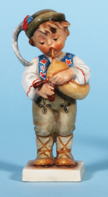 Hummel figurine, 5.5" ht., 833, TMK 1 Era, Slovak International, no M.I. Hummel, excellent repair of feather & tip of bag pipe, base flake.   