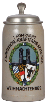 Military stein, 1.0L, stoneware, 1. Komp., 7. [Bayerische] Kraftfahr Abteilung, 1929, pewter lid, slight pewter tear, body mint. - 7