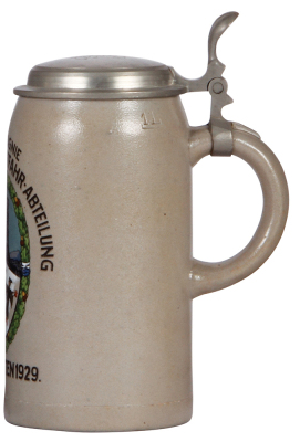 Military stein, 1.0L, stoneware, 1. Komp., 7. [Bayerische] Kraftfahr Abteilung, 1929, pewter lid, slight pewter tear, body mint. - 8