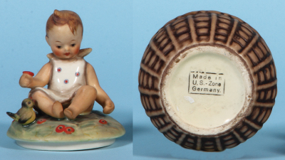 Hummel figurine, 5.5" ht., Mel 7, TMK 1 & U.S. Zone, Germany, Boy Sitting on Covered Jar, mint. - 3