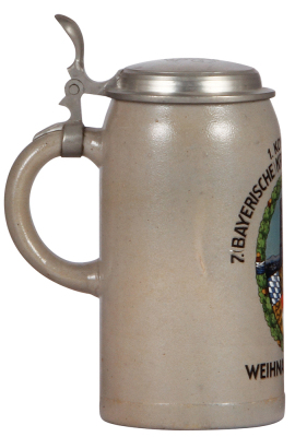 Military stein, 1.0L, stoneware, 1. Komp., 7. [Bayerische] Kraftfahr Abteilung, 1929, pewter lid, slight pewter tear, body mint. - 9