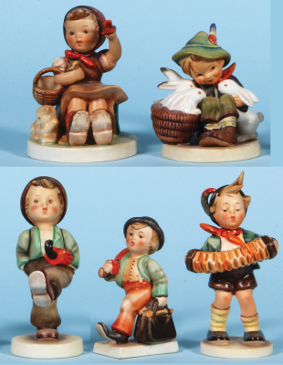 Five Hummel figurines, 4.8" ht., 65/1, TMK 2, Farewell, mint; with, 4.4" ht., 58/0, TMK 2, Playmates, mint; with, 5.6" ht., 79, TMK 2, Globe Trotter, old style basket weave, excellent umbrella handle repair; with, 4.5" ht., 11 2/0, TMK 2, Merry Wanderer, 