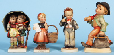 Four Hummel figurines, 6.3" ht., 71, TMK 1, Stormy Weather, mint; with, 6.0" ht., 13/0, TMK 1 Era & U.S. Zone, Germany, Meditation, mint; with, 6.8" ht., 124, TMK 1 Era, Hello, mint; with, 7.5" ht., 7/1, TMK 1 & 1, Merry Wanderer, double base, mint.