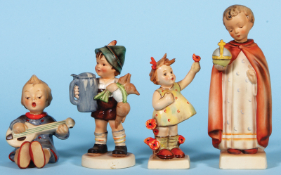 Four Hummel figurines, 4.1" ht., 53, TMK 1 & U.S. Zone, Germany, Joyful, neck break glued; with, 5.5" ht., 87, TMK 1 Era, For Father, mint; with, 5.0" ht., 72, TMK 1 & 1, Spring Cheer, excellent flower repair; with, 7.4" ht., 70, TMK 1 & 2, Holy Child, mi