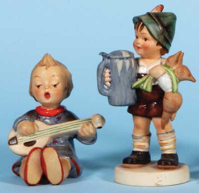 Four Hummel figurines, 4.1" ht., 53, TMK 1 & U.S. Zone, Germany, Joyful, neck break glued; with, 5.5" ht., 87, TMK 1 Era, For Father, mint; with, 5.0" ht., 72, TMK 1 & 1, Spring Cheer, excellent flower repair; with, 7.4" ht., 70, TMK 1 & 2, Holy Child, mi - 2