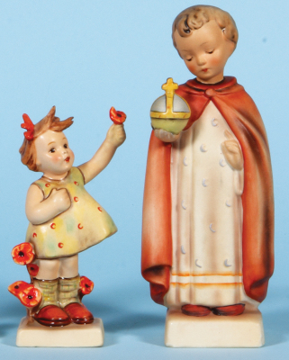 Four Hummel figurines, 4.1" ht., 53, TMK 1 & U.S. Zone, Germany, Joyful, neck break glued; with, 5.5" ht., 87, TMK 1 Era, For Father, mint; with, 5.0" ht., 72, TMK 1 & 1, Spring Cheer, excellent flower repair; with, 7.4" ht., 70, TMK 1 & 2, Holy Child, mi - 3