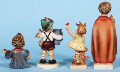 Four Hummel figurines, 4.1" ht., 53, TMK 1 & U.S. Zone, Germany, Joyful, neck break glued; with, 5.5" ht., 87, TMK 1 Era, For Father, mint; with, 5.0" ht., 72, TMK 1 & 1, Spring Cheer, excellent flower repair; with, 7.4" ht., 70, TMK 1 & 2, Holy Child, mi - 4