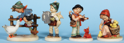 Four Hummel figurines, 5.7" ht., 195, TMK 1 & 2, Barnyard Hero, mint; with, 5.9" ht., 87, TMK 1 Era, For Father, high glazed glossy finish, mint; with, 5.4" ht., 1, TMK 1 & 1, Puppy Love, mint; with, 4.6" ht., 57, TMK 1 & 2, Chick Girl, mint.