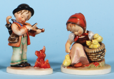 Four Hummel figurines, 5.7" ht., 195, TMK 1 & 2, Barnyard Hero, mint; with, 5.9" ht., 87, TMK 1 Era, For Father, high glazed glossy finish, mint; with, 5.4" ht., 1, TMK 1 & 1, Puppy Love, mint; with, 4.6" ht., 57, TMK 1 & 2, Chick Girl, mint. - 3