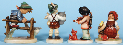 Four Hummel figurines, 5.7" ht., 195, TMK 1 & 2, Barnyard Hero, mint; with, 5.9" ht., 87, TMK 1 Era, For Father, high glazed glossy finish, mint; with, 5.4" ht., 1, TMK 1 & 1, Puppy Love, mint; with, 4.6" ht., 57, TMK 1 & 2, Chick Girl, mint. - 4