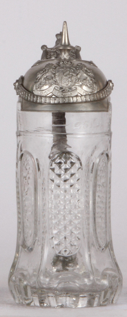 Glass stein, .5L, mold blown, Pickelhaube lid, Bavarian thumblift, excellent pewter strap repair, glass mint.