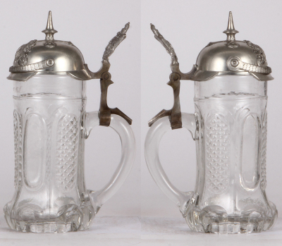 Glass stein, .5L, mold blown, Pickelhaube lid, Bavarian thumblift, excellent pewter strap repair, glass mint. - 2