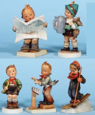 Five Hummel figurines, 5.5" ht., 184, TMK 2, Latest News "Münchener Presse", mint; with, 5.9" ht., 87, TMK 2, For Father, mint; with, 5.1" ht., 97, TMK, Trumpet Boy, mint; with, 5.4" ht., 129, TMK 2, Bandleader, finger flake; with, 5.5" ht., 59, TMK 3, Sk