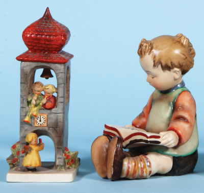 Four Hummel figurines, 6.9" ht., 163, TMK 1 & 2, Whitsuntide, mint; with, 5.6" ht., 14, TMK 1, Bookworm Bookend Boy, very good neck & ankle repair; with, 5.9" ht., 14B, TMK 1, Bookworm Bookend Girl, very good hair ribbon repair; with, 5.9" ht., 87, TMK 1 - 2