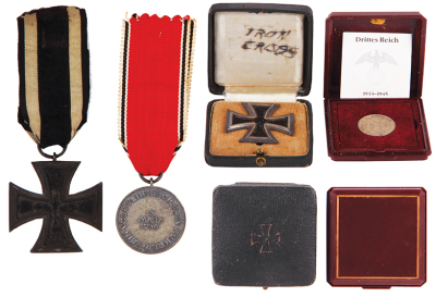 Four German medals, Iron Cross 1914, Second Class, some wear; Commemorative Anschluss of Austria, good condition; Iron Cross 1939, First Class some wear; coin Paul von Hindenburg, 2 Reichs Marks, good condition. - 2