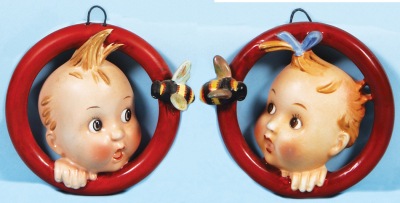 Two Hummel wall plaques, 4.8" ht., 30.0., TMK 1 & 1, Ba-Bee Ring, red ring, mint; with, 4.8" ht., 30/0 B, TMK 1, Ba-Bee Ring, red ring, excellent bee's wing repair.