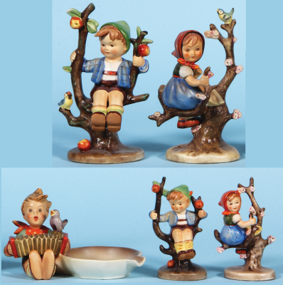 Five Hummel figurines, 6.8" ht., 142/1, TMK 2, Apple Tree Boy, old style base, mint; with, 6.8" ht., 141/1, TMK 2, Apple Tree Girl, old style base, mint; with, 3.4" ht., 114, TMK 2, Let's Sing Ashtray, mint; with, 4.5" ht., 142 3/0, TMK 2, Apple Tree Girl