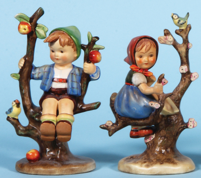 Five Hummel figurines, 6.8" ht., 142/1, TMK 2, Apple Tree Boy, old style base, mint; with, 6.8" ht., 141/1, TMK 2, Apple Tree Girl, old style base, mint; with, 3.4" ht., 114, TMK 2, Let's Sing Ashtray, mint; with, 4.5" ht., 142 3/0, TMK 2, Apple Tree Girl - 2