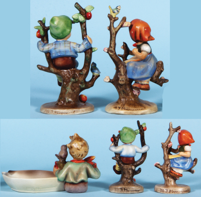 Five Hummel figurines, 6.8" ht., 142/1, TMK 2, Apple Tree Boy, old style base, mint; with, 6.8" ht., 141/1, TMK 2, Apple Tree Girl, old style base, mint; with, 3.4" ht., 114, TMK 2, Let's Sing Ashtray, mint; with, 4.5" ht., 142 3/0, TMK 2, Apple Tree Girl - 4