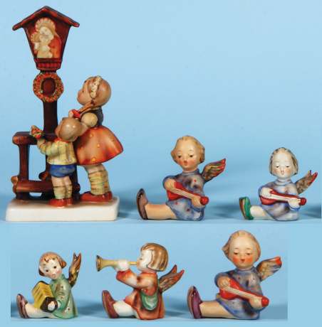 Six Hummel figurines, 6.9" ht., 23/1, TMK 2, Adoration, excellent repair to post; with, 2.9" ht., 111/38/1, TMK 2, Angel with Lute, mint; with, 2.4" ht., 1/38/0, TMK 3, Angel with Lute, mint; with, 2.4" ht., 111/39, TMK 2, Angel with Accordion, mint; with