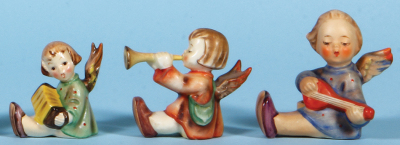 Six Hummel figurines, 6.9" ht., 23/1, TMK 2, Adoration, excellent repair to post; with, 2.9" ht., 111/38/1, TMK 2, Angel with Lute, mint; with, 2.4" ht., 1/38/0, TMK 3, Angel with Lute, mint; with, 2.4" ht., 111/39, TMK 2, Angel with Accordion, mint; with - 3