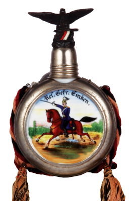 Regimental flask, .25L, porcelain, 3. Battr., Feld Artl. Regt. Nr. 62, Oldenburg, 1909 - 1910, u. Feld Artl. Schiessschule, JŸterbog, 1910 - 1911, named to: Res. Gefr. Emken, mint.