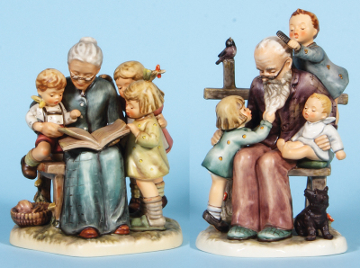 Two Hummel figurines, 8.1" ht., 620, TMK 8, A Story From Grandma, Limited Edition 548/10,000, no box, mint; with, 9.3" ht., 621, TMK 8, At Grandpa's, Limited Edition 548/10,000, no box, mint.