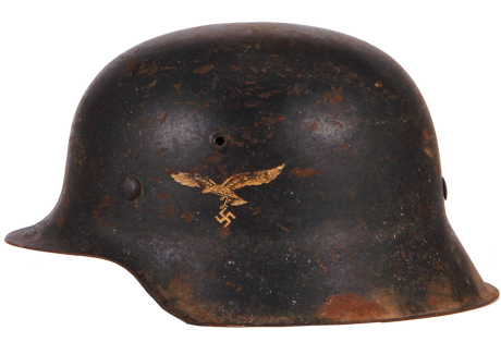 German Third Reich helmet, 11.0'' l., 5.8'' ht., Luftwaffe, worn condition, missing liner.