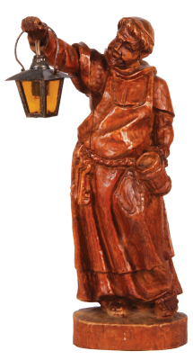Black Forest wood carving, 16.2'' ht. x 5.0'' w. x 3.5'' deep, linden wood, Monk with lantern, mid to late 1900s, metal lantern, light has been rewired & working properly, very good quality and condition.