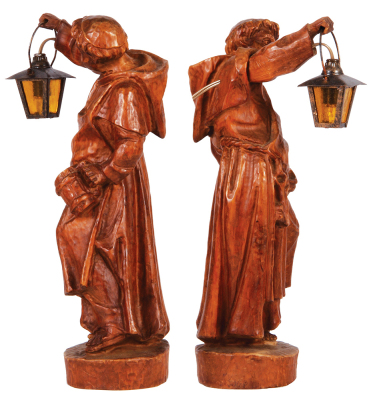 Black Forest wood carving, 16.2'' ht. x 5.0'' w. x 3.5'' deep, linden wood, Monk with lantern, mid to late 1900s, metal lantern, light has been rewired & working properly, very good quality and condition. - 2