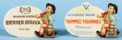 Two Hummel figurines, 3.7" ht., 187A, TMK 5, 25 Jahre Im Hause Goebel, Werner Struck, mint; with, 3.7" ht., 187, TMK 4, Authorized Dealer, Hummel Figurines, mint.