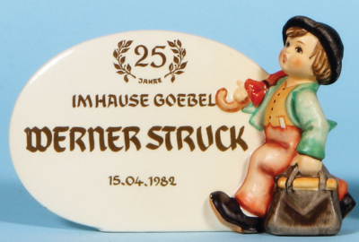 Two Hummel figurines, 3.7" ht., 187A, TMK 5, 25 Jahre Im Hause Goebel, Werner Struck, mint; with, 3.7" ht., 187, TMK 4, Authorized Dealer, Hummel Figurines, mint. - 2
