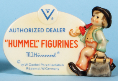 Two Hummel figurines, 3.7" ht., 187A, TMK 5, 25 Jahre Im Hause Goebel, Werner Struck, mint; with, 3.7" ht., 187, TMK 4, Authorized Dealer, Hummel Figurines, mint. - 3