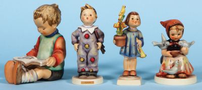 Eight Hummel figurines, 9.2" ht., 364, TMK 6, Supreme Protection, no box, mint; with, 5.9" ht., 308, TMK 6, Little Tailor, mint; with, 5.1" ht., 116, TMK 3, Little Thrifty, mint; with, 5.6" ht., 327, TMK 5, Run-A-Way, mint; with, 5.6" ht., 14/A, TMK 5, Bo - 3