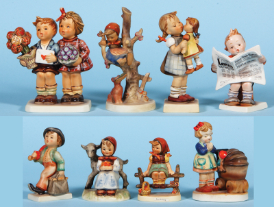 Eight Hummel figurines, 6.5" ht., 416, TMK 6, Jubilee, mint; with, 6.5" ht., 56B, TMK 3, Out Of Danger, mint; with, 6.3" ht., 311, TMK 4, Kiss Me, old mold with socks, mint; with, 5.1" ht., 184, TMK 8, Latest News, "Leipzig Die Messestadt", mint; with, 4.