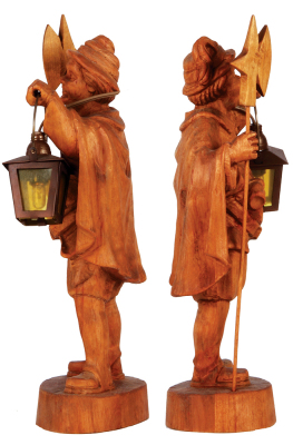 Black Forest wood carving, '' ht.15.5'' x 5.5'' w. x 4.0'' deep, linden wood, Night Watchman, mid to late 1900s, metal lantern, light has been rewired & working properly, very good quality and condition. - 2
