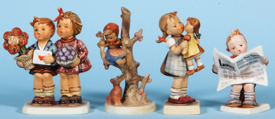 Eight Hummel figurines, 6.5" ht., 416, TMK 6, Jubilee, mint; with, 6.5" ht., 56B, TMK 3, Out Of Danger, mint; with, 6.3" ht., 311, TMK 4, Kiss Me, old mold with socks, mint; with, 5.1" ht., 184, TMK 8, Latest News, "Leipzig Die Messestadt", mint; with, 4. - 2