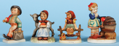 Eight Hummel figurines, 6.5" ht., 416, TMK 6, Jubilee, mint; with, 6.5" ht., 56B, TMK 3, Out Of Danger, mint; with, 6.3" ht., 311, TMK 4, Kiss Me, old mold with socks, mint; with, 5.1" ht., 184, TMK 8, Latest News, "Leipzig Die Messestadt", mint; with, 4. - 3