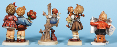 Eight Hummel figurines, 6.5" ht., 416, TMK 6, Jubilee, mint; with, 6.5" ht., 56B, TMK 3, Out Of Danger, mint; with, 6.3" ht., 311, TMK 4, Kiss Me, old mold with socks, mint; with, 5.1" ht., 184, TMK 8, Latest News, "Leipzig Die Messestadt", mint; with, 4. - 4