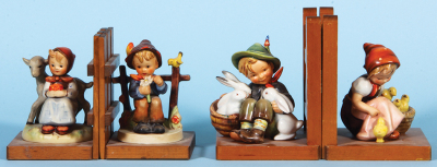 Four Hummel figurines, 5.2" ht., 251 A+B, TMK 3, Good Friends & She Loves Me She Loves Me Not, mint; with, 6.0" ht., 61 A+B, TMK 2, Playmates & Chick Girl, mint.