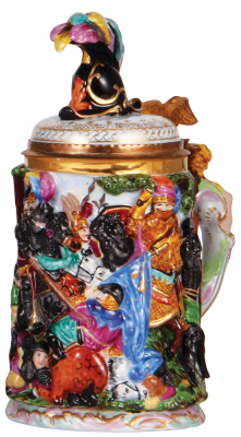 Porcelain stein, 1.0L, 10.0" ht., hand-painted relief, marked N with crown, Capo-di-Monte, porcelain lid, mint.