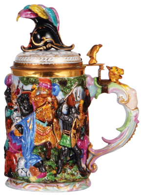 Porcelain stein, 1.0L, 10.0" ht., hand-painted relief, marked N with crown, Capo-di-Monte, porcelain lid, mint. - 2
