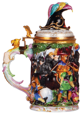 Porcelain stein, 1.0L, 10.0" ht., hand-painted relief, marked N with crown, Capo-di-Monte, porcelain lid, mint. - 4