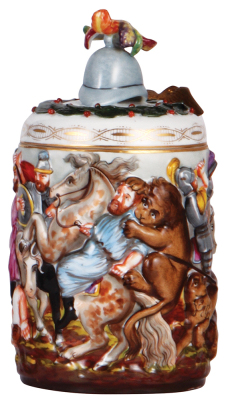 Porcelain stein, 1.0L, 8.5" ht., hand-painted relief, marked N with crown, Capo-di-Monte, porcelain lid, mint.