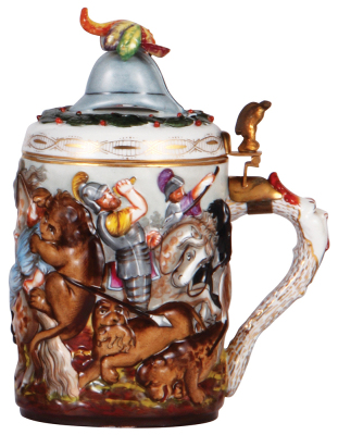Porcelain stein, 1.0L, 8.5" ht., hand-painted relief, marked N with crown, Capo-di-Monte, porcelain lid, mint. - 2