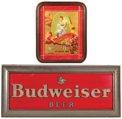 Two Budweiser Anheuser-Busch items, lithograph on board, framed 22.5" x 18.5", Original Budweiser, marked: The Henderson Achert Krebs Co. Lith. Cincinnati, O., velvet matting, chipping on edge of frame, otherwise very good condition; with Anheuser-Busch w