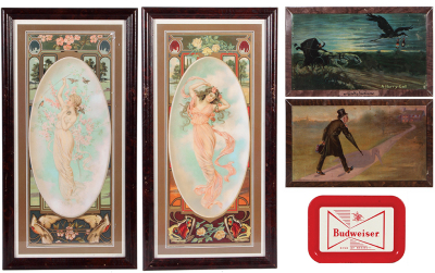 Five Anheuser-Busch items, two lithographs on paper, framed 22.7" x 11.7", Ladies of the Seasons, Spring & Summer, marked: Copyright 1905 Anheuser-Busch Brewing Ass'n., J. Ottmann Lith. Co., N.Y., however, they are reproductions, lithographs in very good 