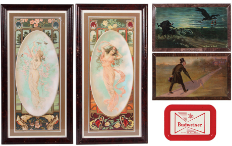 Five Anheuser-Busch items, two lithographs on paper, framed 22.7" x 11.7", Ladies of the Seasons, Spring & Summer, marked: Copyright 1905 Anheuser-Busch Brewing Ass'n., J. Ottmann Lith. Co., N.Y., however, they are reproductions, lithographs in very good