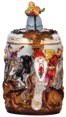 Porcelain stein, 1.0L, 8.5" ht., hand-painted relief, marked N with crown, Capo-di-Monte, porcelain lid, mint. - 3